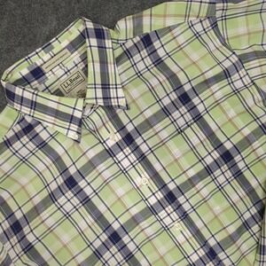 L.L.Bean Men's L-Tall Plaid Button Down Shirt Wrinkle Stain Resistant Green Blue